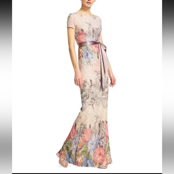 BHLDN Adrianna Papell Blush Floral Matelasse Colum Gown | Wedding Dress - Picture 7 of 14